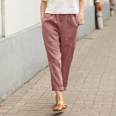 Cotton Linen Big Pocket Thin Women's Pants Solid Elastic Waist Pant For Women Straight Trousers