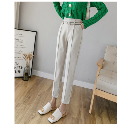 Women Belt Woolen Trousers Elastic High Waist Harem Pants Apricot Black Casual Straight Pants S-XXL