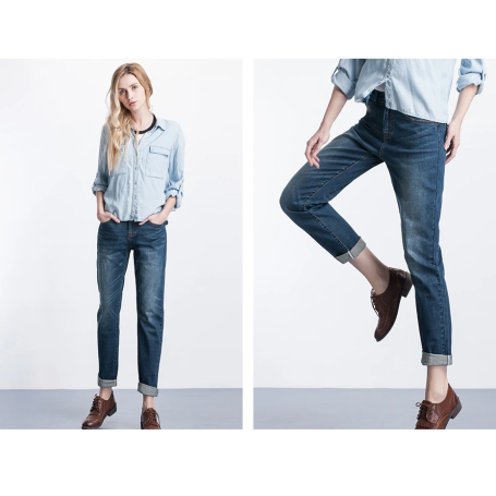 Women's Jeans Fashion Bleached Vintage Mid Waist Full Length Loose Stretch Jeans