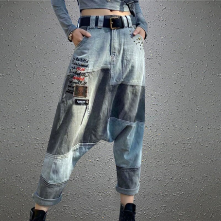 Streetwear Women's Vintage Ripped Jeans Holes Blue Denim Shorts Ladies Elastic Loose Thin Straight Wide Leg Pants