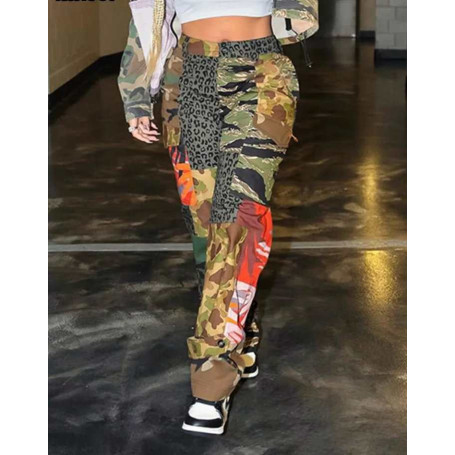 Aesthetic Printed Pants Women Stylish Pockets Camouflage Cargo Trousers Casual Loose Bottoms Hipster Street