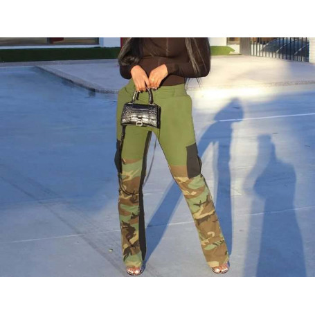 Patchwork Cargo Pants Women Chic Camouflage Spliced Jeans Pockets Vintage Fashion Streetwear Trousers Straight Pants