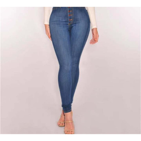 Women Stretch Slim Jeans High Waist Push Up Hips Buttons Elastic Cotton Denim Pants