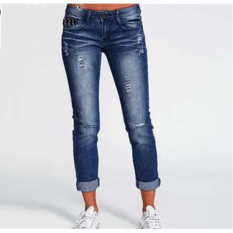 Fashion Mid Waist Women Vintage Distressed Denim Pants Crimped Destroyed Pencil Pants Casual Ripped Jeans