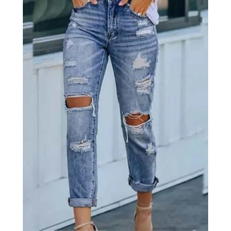 Women's Stretch Hole Slim Street Wear Ripped Slimming Denim Pants High-Waist Jeans