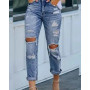 Women's Stretch Hole Slim Street Wear Ripped Slimming Denim Pants High-Waist Jeans