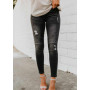 Women High Street Skinny Denim Pants Distressed Vintage Slim Ripped Pleated Jeans