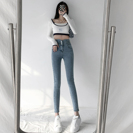 Skinny Pencil Jeans 4 Buttons Vintage High Waist Jeans Woman Slim Stretch Denim Pants Tight Trousers