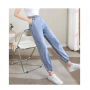 Women Ankle-length Pants Casual Elastic Waist Pleated Pockets Hollow Out Straight Jeans