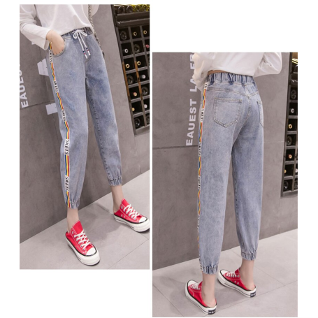 Women Side Stripes Drawstring Casual Jeans Plus Size 5XL Baggy Denim Harem Pants