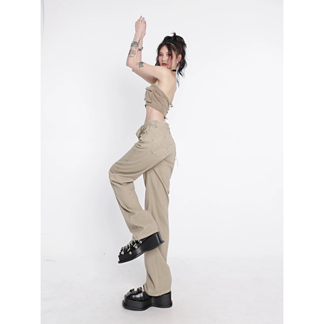 Women's Khaki Wide Leg Jeans Star Pocket Vintage Straight Pants High Waist Baggy Streetwear Casual Denim Trouser