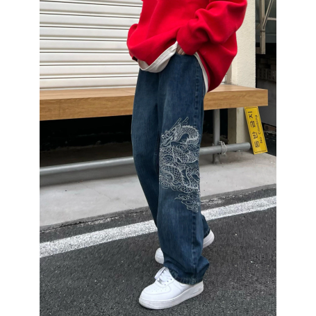 Streetwear Dragon Embroidery Straight Baggy Pants High Waist Fashion Women's Jeans Trend Trousers