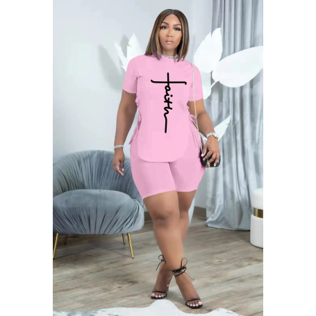 Women Faith Print Short Sleeve Slim Crop Tops Elastic Waist Shorts 2 Piece Sets Outfits