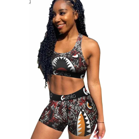 Women Casual Leopard Print Fashion Elastic Sports Sleeveless Vest Shorts Two Piece Set