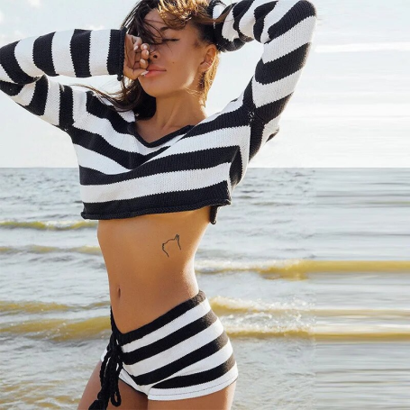 Women Crop Top Shorts Sets Casual Long Sleeve Top Lace Up Shorts