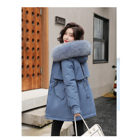 Women Fur Hooded Parkas Jacket New Fashion Belt Slim Cotton Coat