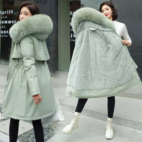 Women Parka Clothes Long Coat Wool Liner Hooded Jacket Fur Collar Thick Warm Padded Parka