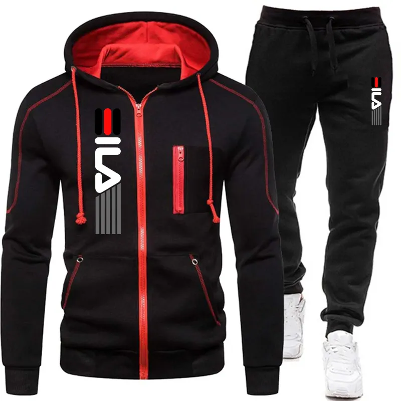 Men's Zipper Jacket Hooded Pullover + Sweatpants Sports Casual Jogger Sportswear 2 Piece Fleece Streetwear Sets