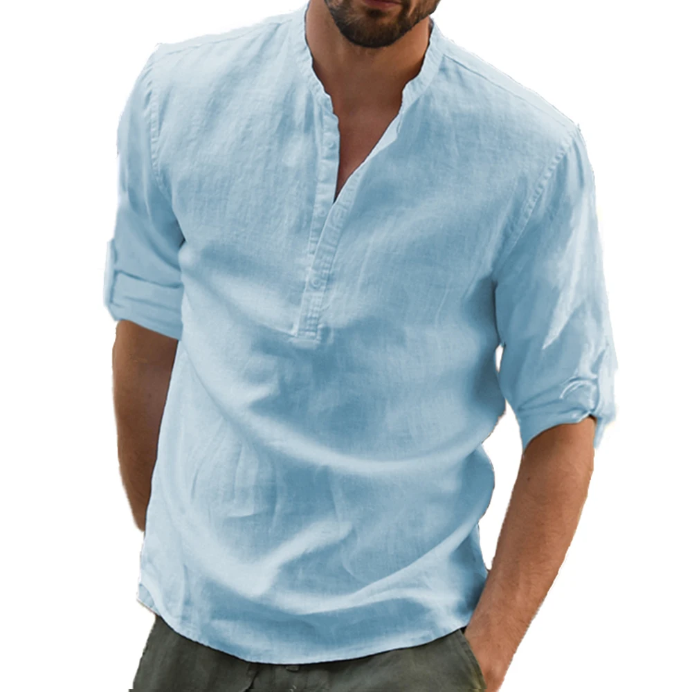 Men's Casual Blouse Cotton Linen Shirt Loose Tops Long Sleeve Tee Shirt