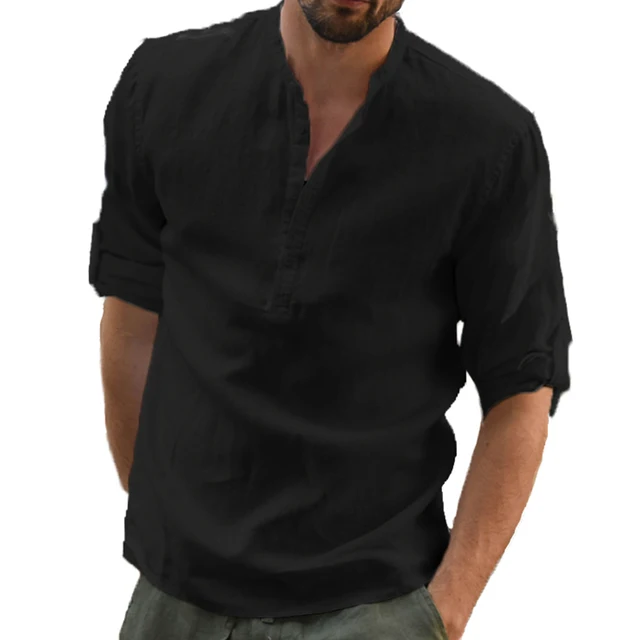 Men's Casual Blouse Cotton Linen Shirt Loose Tops Long Sleeve Tee Shirt