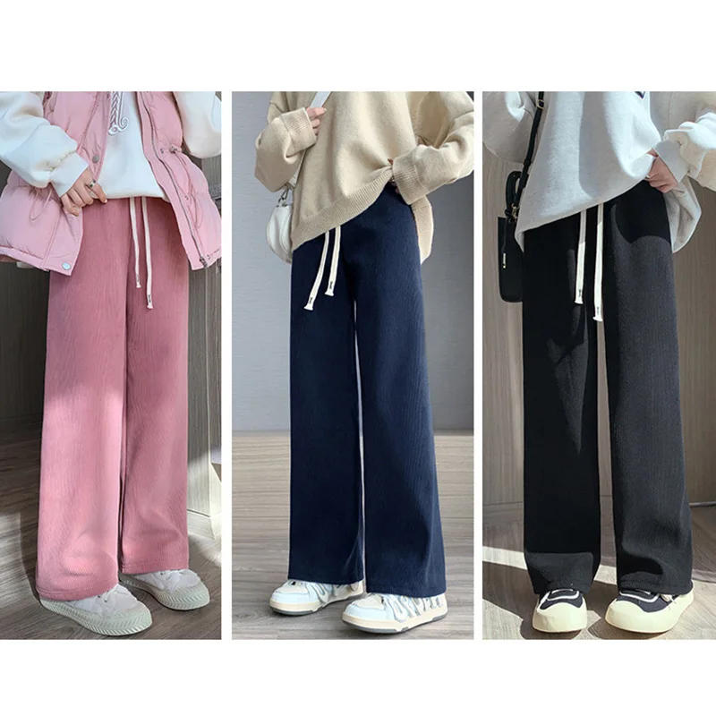 Women Long Fleece Inside Pants High Waist Wide Leg Pants Thicken Straight Long Pants Trousers