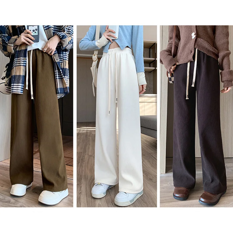 Women Long Fleece Inside Pants High Waist Wide Leg Pants Thicken Straight Long Pants Trousers