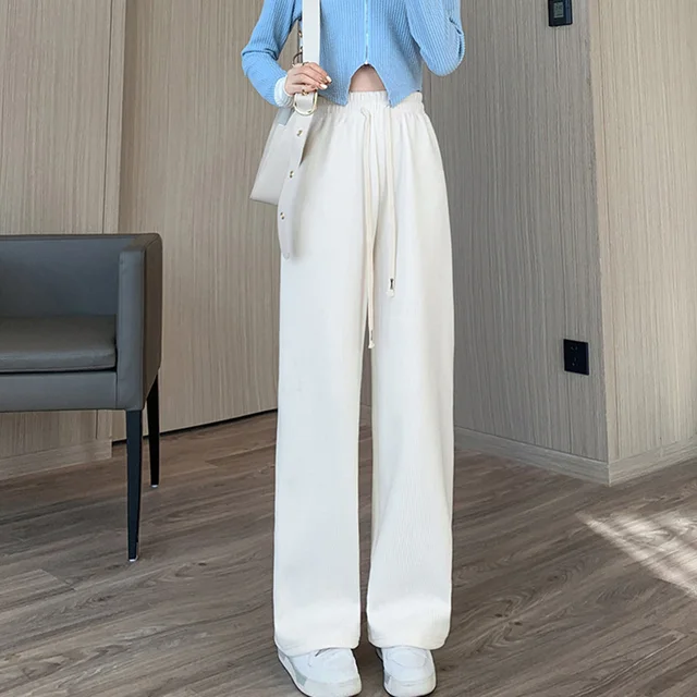 Women Long Fleece Inside Pants High Waist Wide Leg Pants Thicken Straight Long Pants Trousers