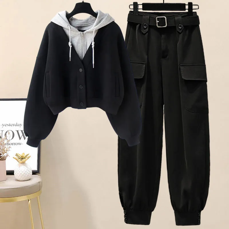 Women Plus Size Plush Thickened Single Breasted Hoodie Tunic Loose Elegant Pants Set Fashion Outfit