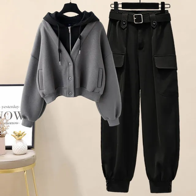 Women Plus Size Plush Thickened Single Breasted Hoodie Tunic Loose Elegant Pants Set Fashion Outfit