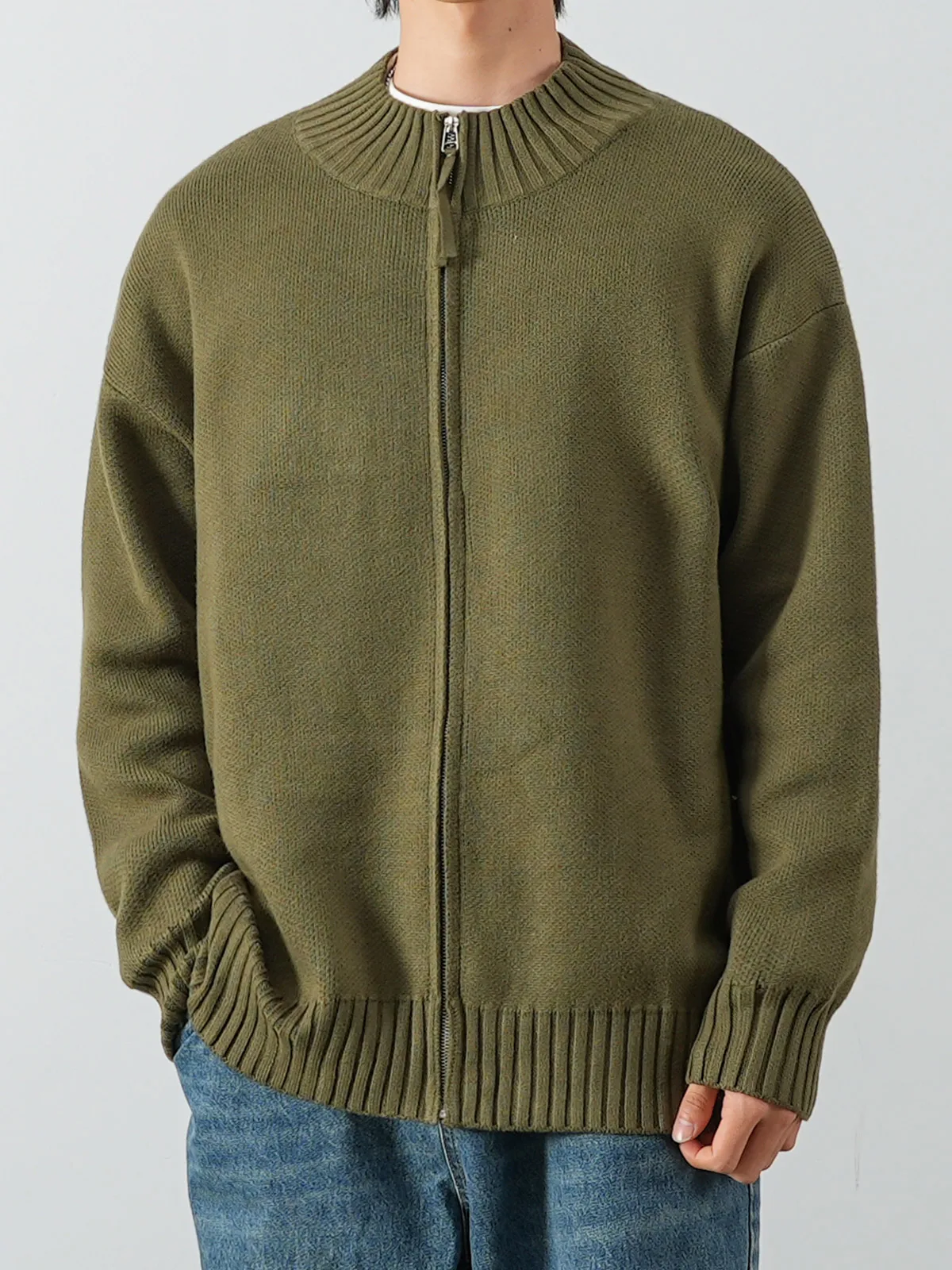 Men Solid Color Cardigan Sweaters Trendy Letter Print Oversize Zipper Knitwear Warm Coat