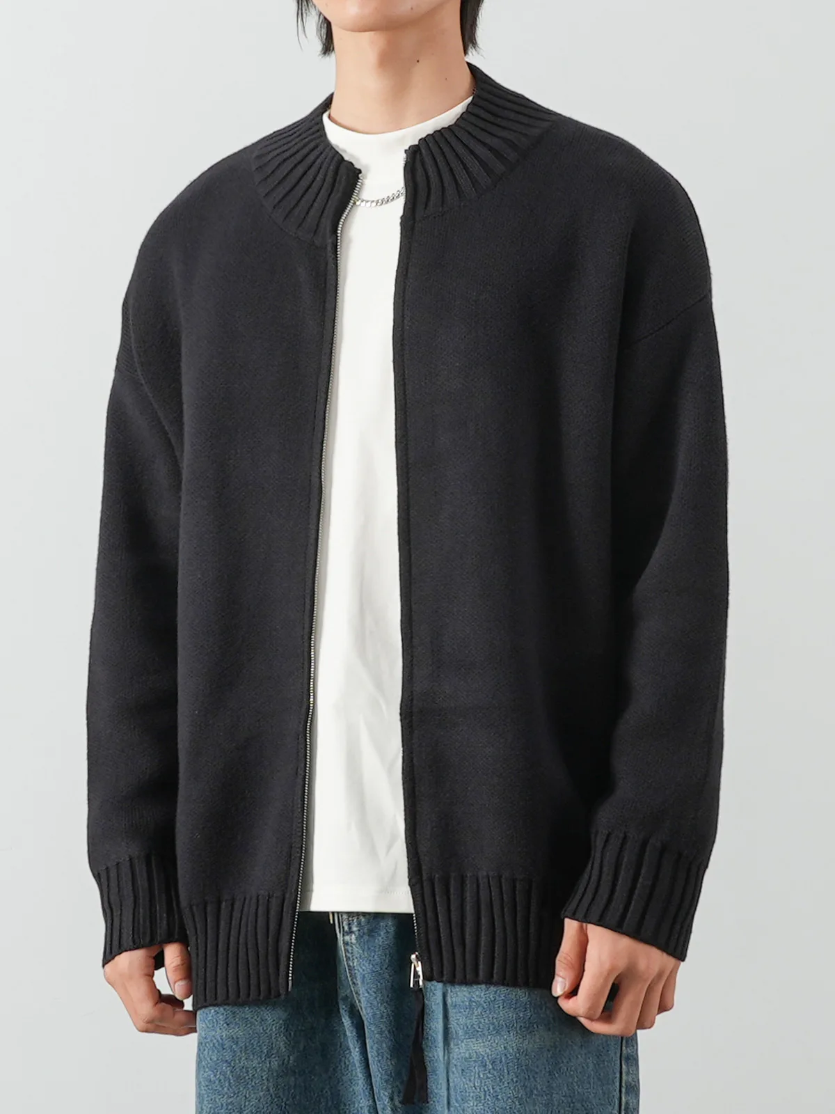 Men Solid Color Cardigan Sweaters Trendy Letter Print Oversize Zipper Knitwear Warm Coat