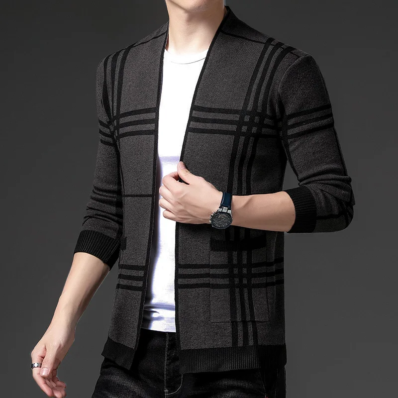 Men's Knitted Cardigan Stripe Straight Print Warm Pocket Button Advanced Fashion Clothes