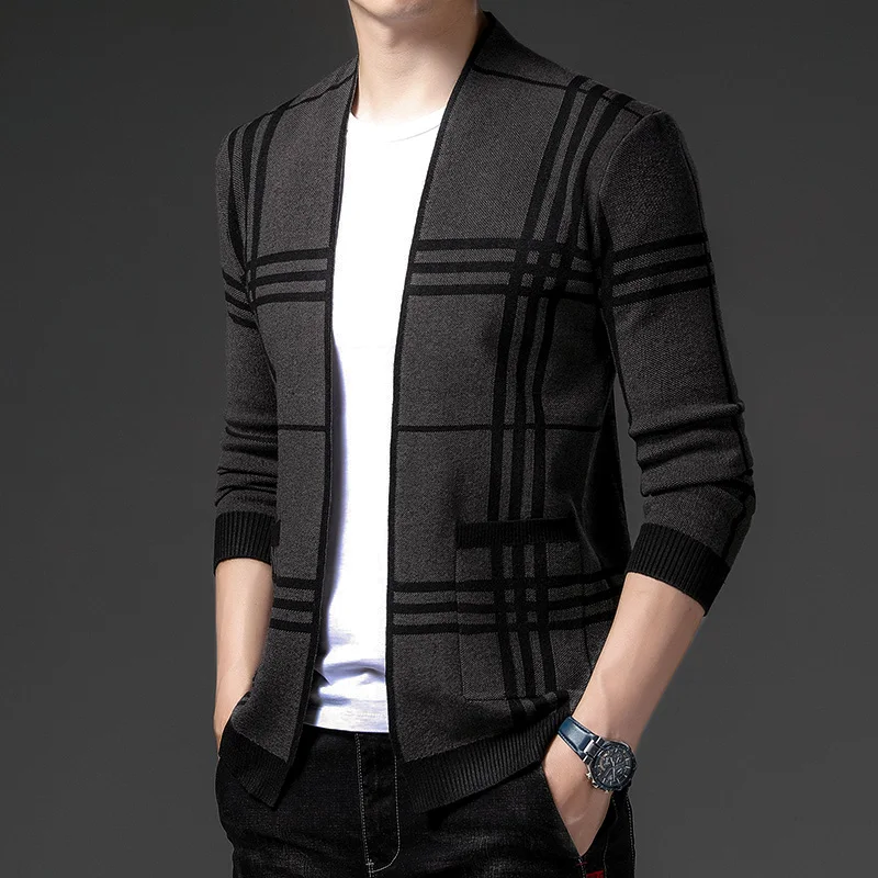 Men's Knitted Cardigan Stripe Straight Print Warm Pocket Button Advanced Fashion Clothes