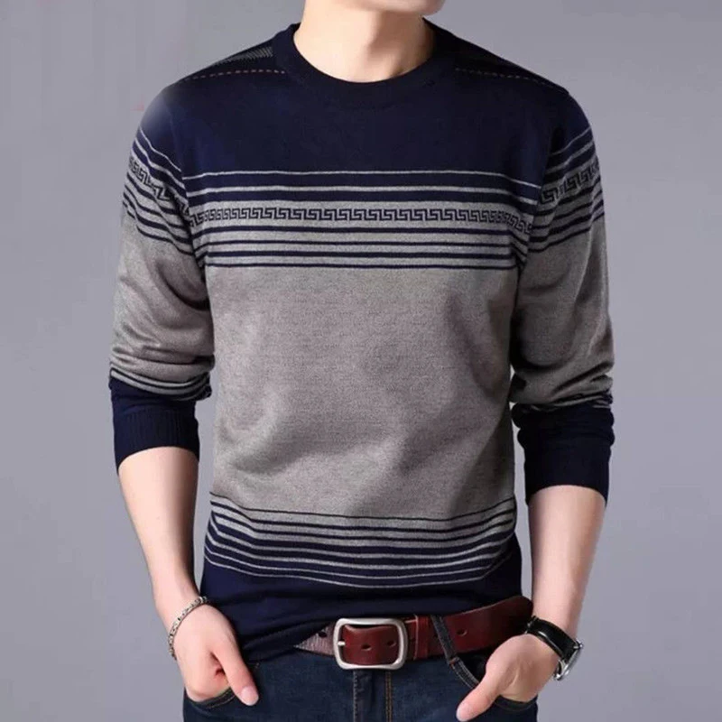 Men Vintage Striped Print Long Sleeve Sweatshirt All Match Pullovers Keep Warm Loose Casual Fashion Clothes