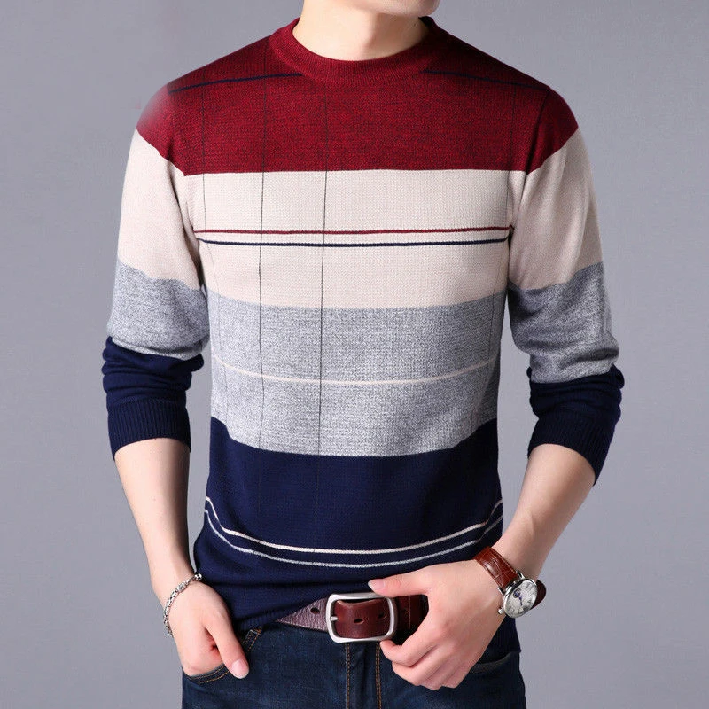 Men Vintage Striped Print Long Sleeve Sweatshirt All Match Pullovers Keep Warm Loose Casual Fashion Clothes