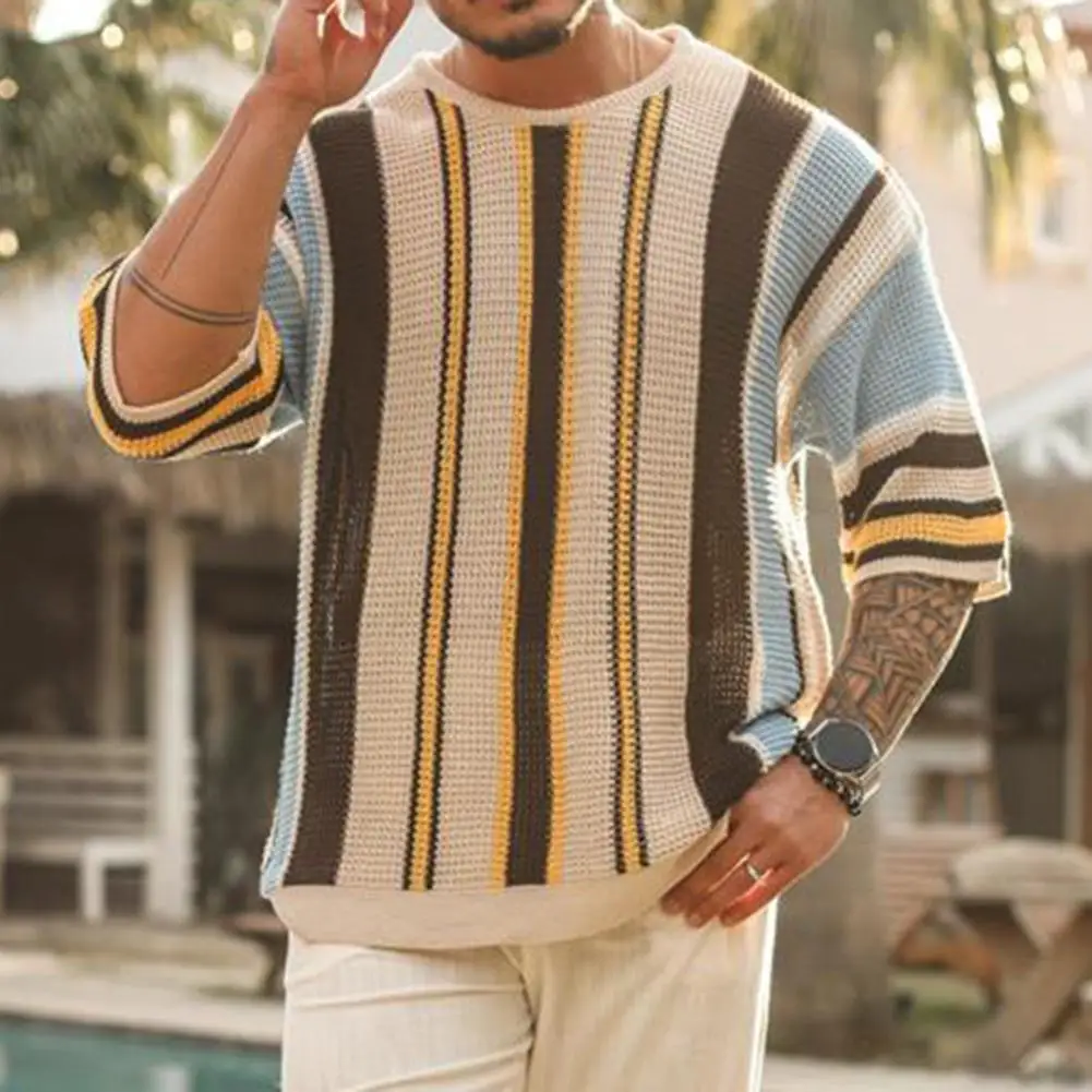 Men Casual Loose Fit Stylish Striped Print Knitted Loose Fit Half Sleeve Elastic Sweatshirt