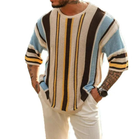 Men Casual Loose Fit Stylish Striped Print Knitted Loose Fit Half Sleeve Elastic Sweatshirt