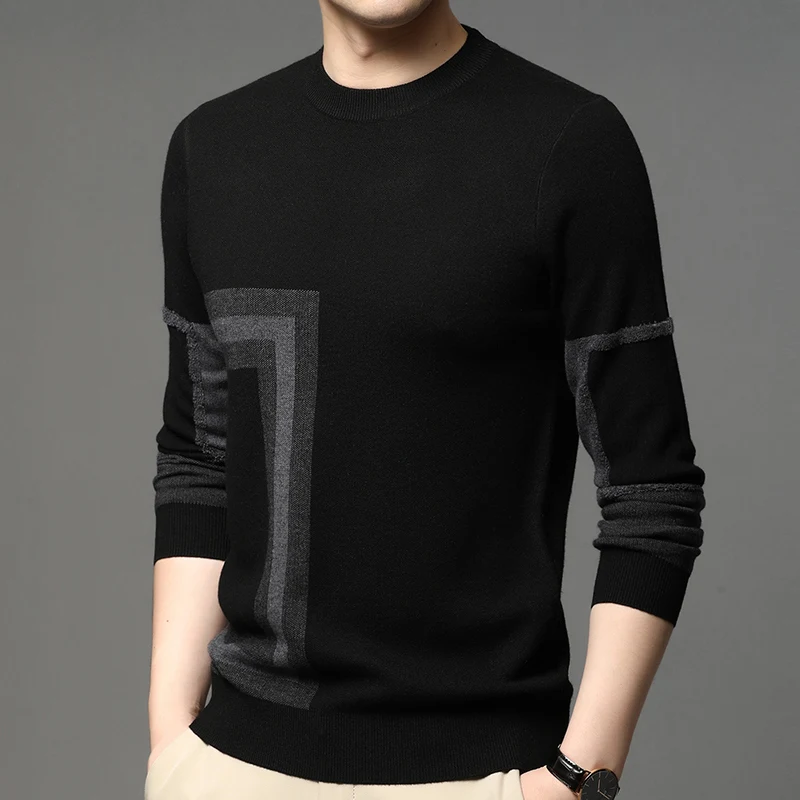 Men's Knitted Pullover New O-Neck Print Long Sleeve Sweatshirt Business Casual Warm Underlay