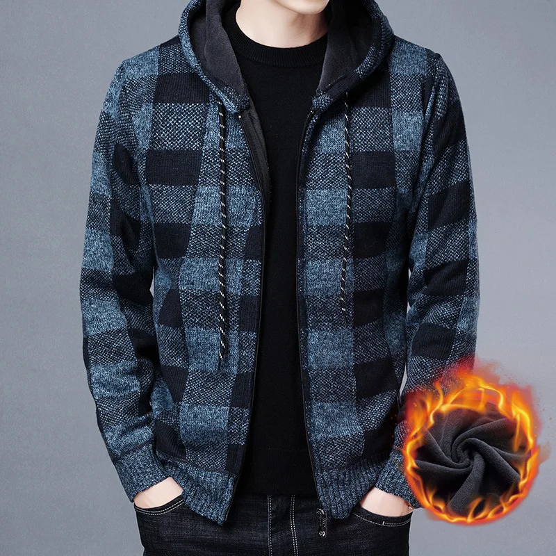 Men Sweater Jacket Fashion Coat Fleece Hoodies High Quality Luxury Checkered Hooded Knit Cardigan Outer Wear