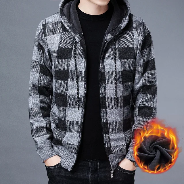 Men Sweater Jacket Fashion Coat Fleece Hoodies High Quality Luxury Checkered Hooded Knit Cardigan Outer Wear
