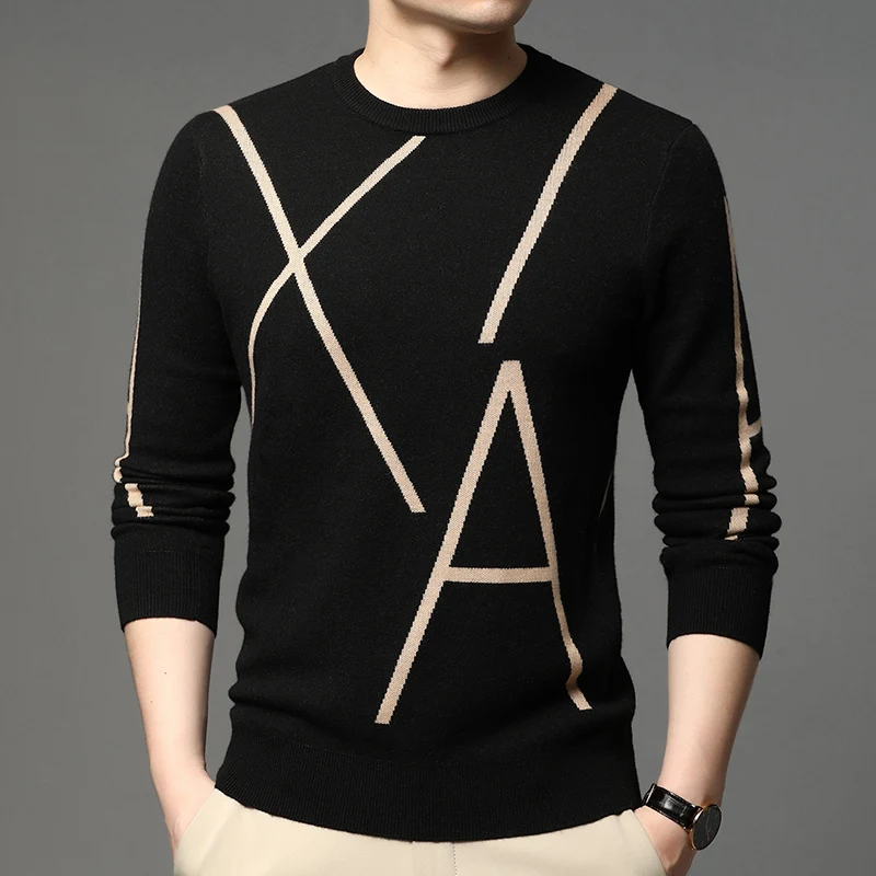Men's Knitted Pullover O-Neck Print Long Sleeve Sweater Business Casual Sweatshirt