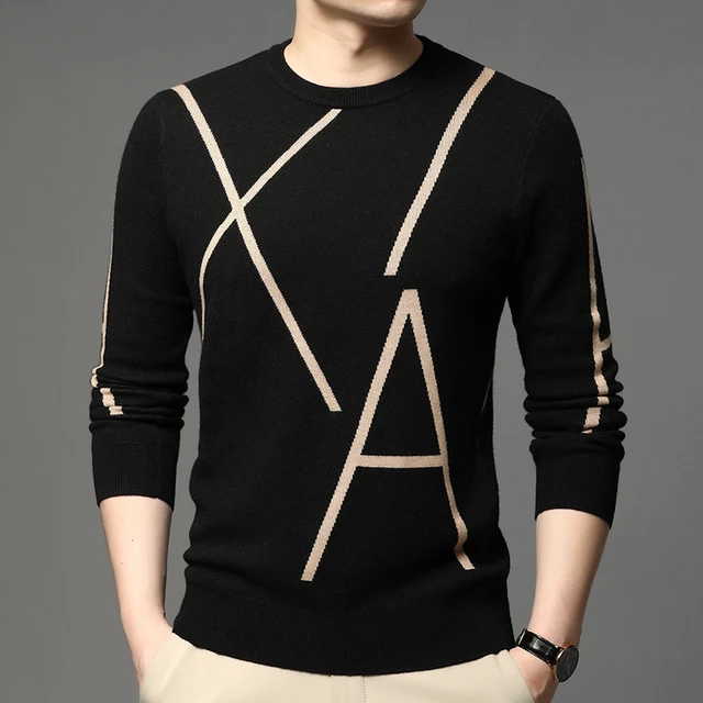 Men's Knitted Pullover O-Neck Print Long Sleeve Sweater Business Casual Sweatshirt