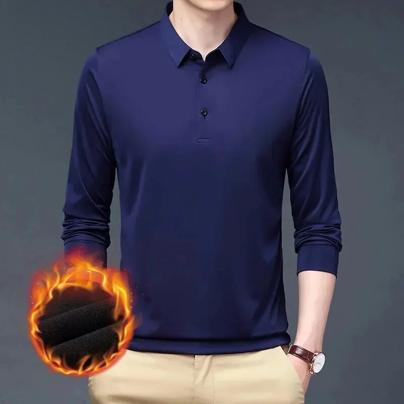 Men Pure Color Thermal Base Shirt Flip Collar Long Sleeve Top Flocking Cotton Casual Korean Style