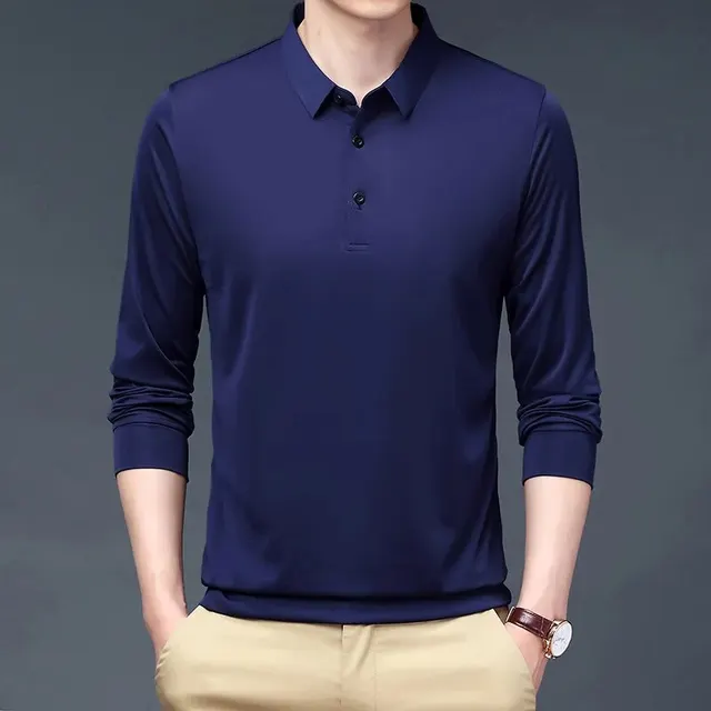Men Pure Color Thermal Base Shirt Flip Collar Long Sleeve Top Flocking Cotton Casual Korean Style