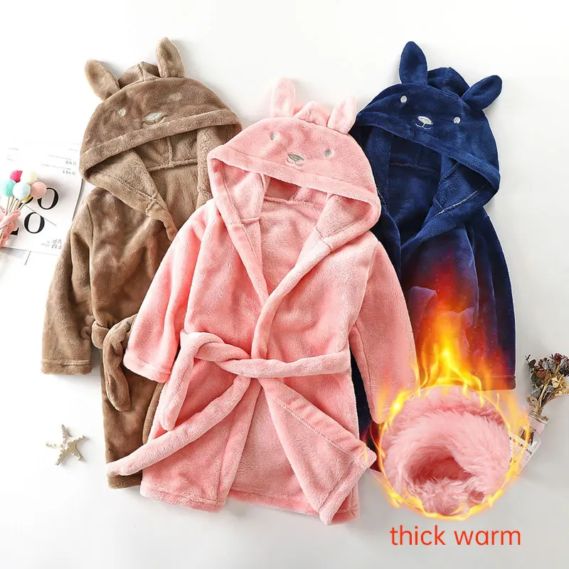 Kids Cute Cartoon Sleepwear Double-sided Flannel Children Bathrobes Thick Warm Long Sleeve Hooded Bathrobe Pajama