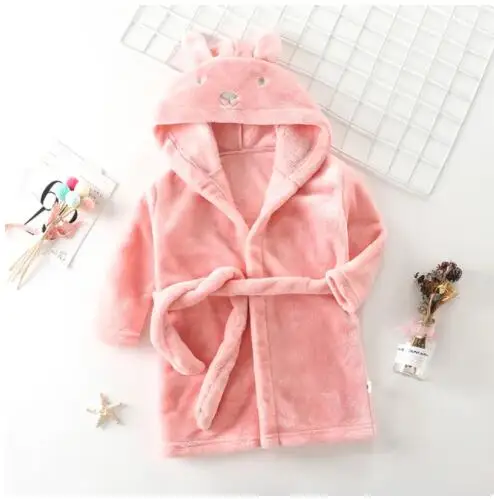 Kids Cute Cartoon Sleepwear Double-sided Flannel Children Bathrobes Thick Warm Long Sleeve Hooded Bathrobe Pajama