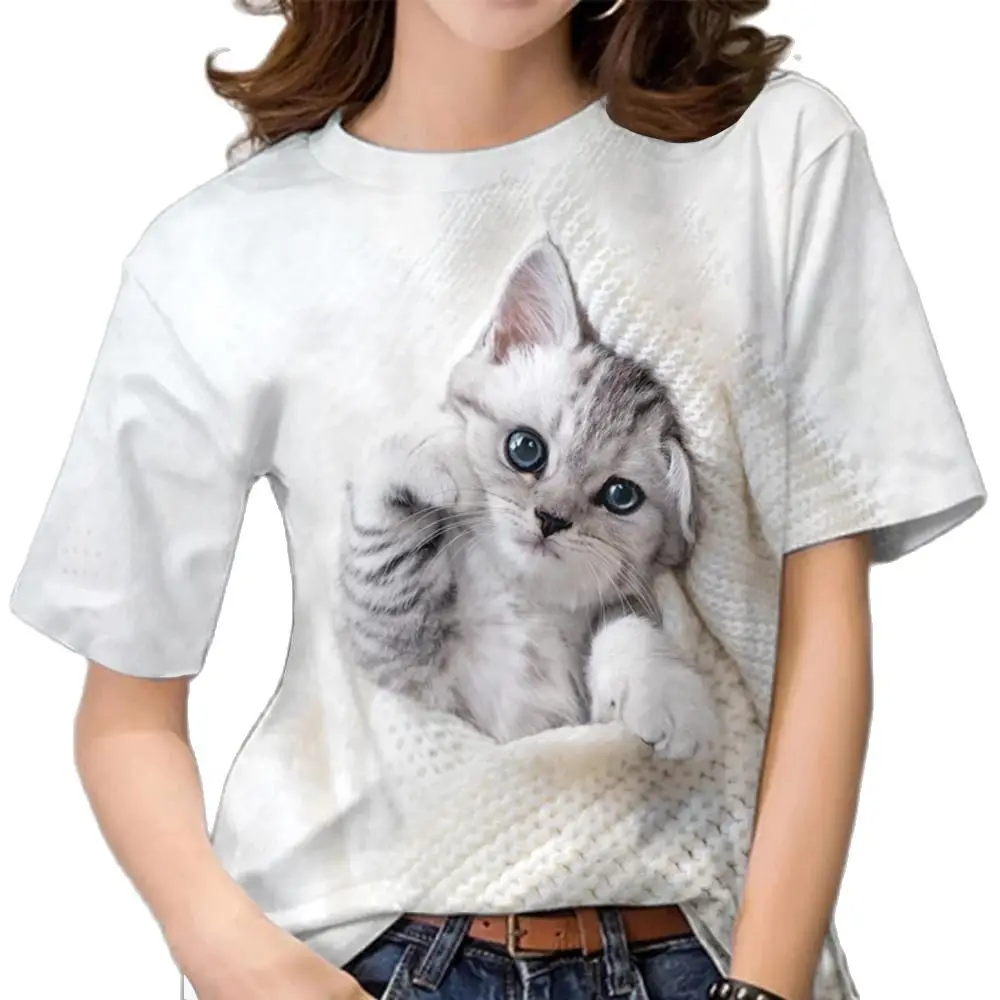 Women's T-shirt Kawaii Cat Print Short Sleeve Tees Fashion Leisure Ladies O-neck Loose Pullover Summer Trend Hip Hop Streetwear