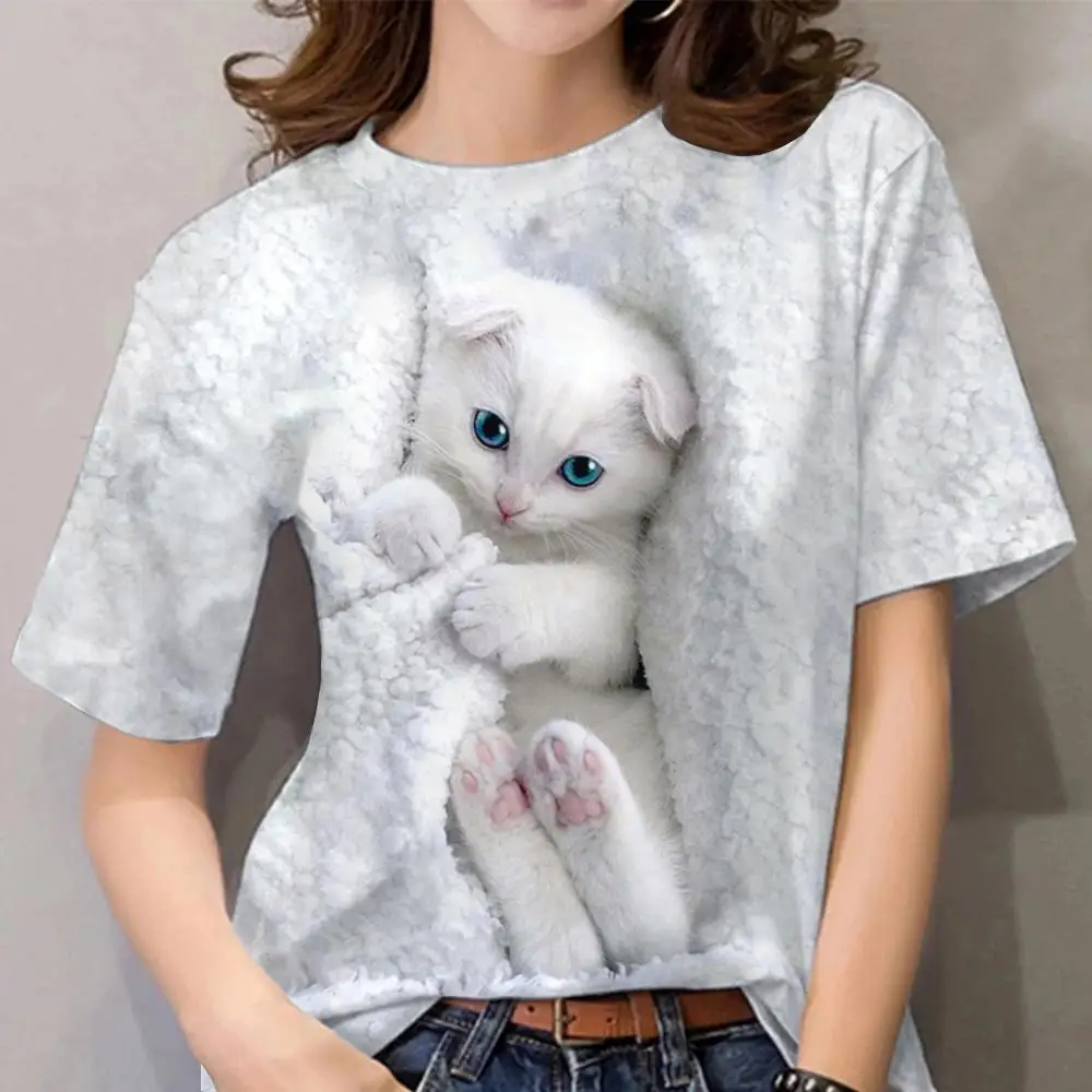 Women's T-shirt Kawaii Cat Print Short Sleeve Tees Fashion Leisure Ladies O-neck Loose Pullover Summer Trend Hip Hop Streetwear