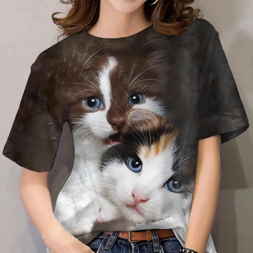 Women's T-shirt Kawaii Cat Print Short Sleeve Tees Fashion Leisure Ladies O-neck Loose Pullover Summer Trend Hip Hop Streetwear
