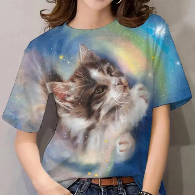 Women's T-shirt Kawaii Cat Print Short Sleeve Tees Fashion Leisure Ladies O-neck Loose Pullover Summer Trend Hip Hop Streetwear